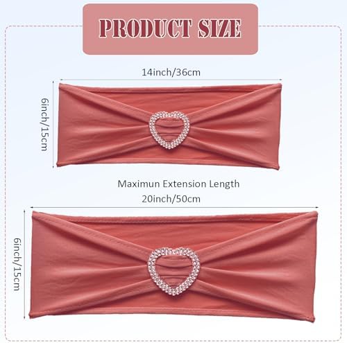 Coral Red Chair Sashes Bows 30 Pack Spandex Coral Red Sashes for Chairs Universal Elastic Chair Sashes Bands with Heart Buckle Slider for Banquet Wedding Party Decorations - Image 2