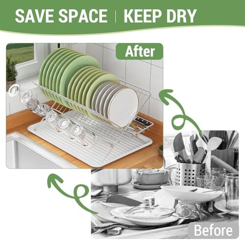 Dish Rack with Drip Tray, Stainless Steel 3-Tier Collapsible Drainer Dish Drying Rack for Kitchen Counter, Sink, Countertop,Cutlery, Dishes Utensils Flatware Holder Set, Reversible Cup Draining Rack - Image 2