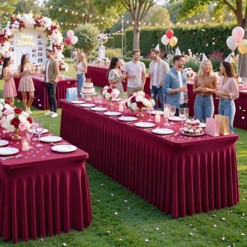Besutolife 2 Pack Burgundy Table Cloths for 8 Foot Rectangle Tables, Wrinkle Free Fitted Spandex Table Covers 8ft, Stretch Tablecloth with Skirt for Wedding Birthday Banquet Parties - Image 5