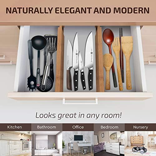 Adjustable Bamboo Drawer Divider Organizers - Fits Large Drawers Sized 17.5" Upto 22"- Expandable Kitchen Drawer Organizer Separators for Utensils, Dresser, Clothes, Bedroom, Bathroom 2-Pack, Natural - Image 2