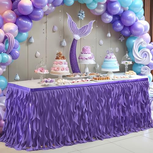 Partisky Mermaid Purple Tulle Curly Willow Table Skirt for Rectangle Table 9ft, Ruffle Tutu Table Cloth for Girls Boys Baby Shower,Mermaid Birthday Party by Partisky