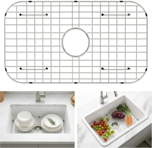 AWOKE Sink Rack for Bottom of Sink (24 x 12 Inch), Center Drain Sink Protectors for Kitchen Sink, 304 Stainless Steel Heavy Duty Metal Wire Grate for Single Bowl Farmhouse Sink Bottom,Soft Rubber Feet by AWOKE