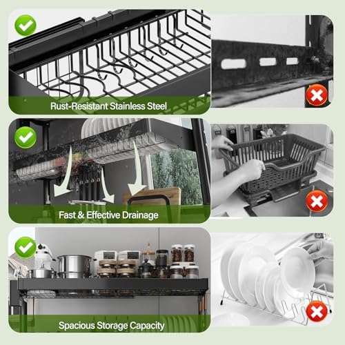 Over Sink Dish Drying Rack, 3-Tier Full Stainless Steel Drainer Dish Rack Adjustable 20.9''-37.4'', Expandable Multifunctional Kitchen Organizer - Image 5