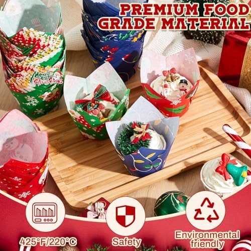 Motiskyy 300 Pcs Jumbo Muffin Liners for Baking 2-1/4" x 4" Large Tulip Cupcake Liners Greaseproof Cupcake Wrapper Paper for Weddings Birthday Christmas Anniversaries Party (Christmas Color) - Image 6