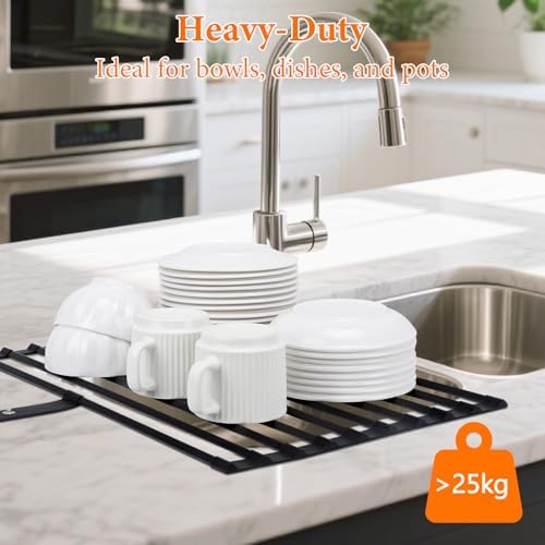 Roll Up Dish Drainer Rack, Over The Sink, Drying Mat Large Foldable with Anti-Slip Silicone Edges and Strap for Plates, Bowls, Cups, 51x32cm, Black - Image 5