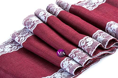 VDS Pack of 25, Burlap Table Runner with White Lace Edge, 100% Natural Jute Rustic Hessian Table Cloth Centerpiece for Wedding Birthday Party Banquet Table Decoration (Size 12X108 Inch)(Maroon) - Image 2