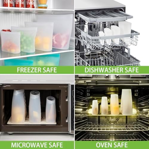 Reusable Storage Bag, 12 Pack 100% Silicone Food Storage Bags Stand Up Zip Lock Bags for Food, Freezer Microwave Oven Dishwasher Safe, 3 Extra Large(0.8 Gallon) 3 Medium 3 Small 3 X-Small, Translucent - Image 6