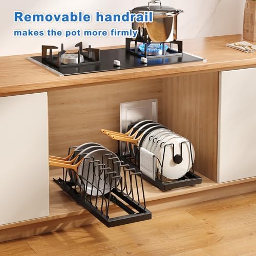 Mustorn Pots and Pans Organizer Under Cabinet, 21.6" Deep Pull Out Pot Lid Organizer Holder with Guardrail Adhesive Pot and Pan Holder Rack with 10 Adjustable Dividers-1 Pack(Black) - Image 3