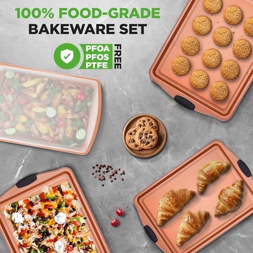 NutriChef 5-Piece Bakeware Set – Premium Non-Stick, Stackable Kitchen Baking Pans with Silicone Handles – Includes 3 Cookie Sheets, Baking Pan & Lid – Perfect for Cakes, Cookies & Brownies - Image 5