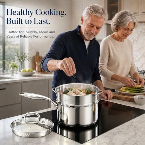 Tri-Ply Stainless Steel Pot with Steamer,3 QT Fullclad Sauce Pan with Steamer & Strainer Glass Lid for Cooking Vegetable,Small Induction Pot 3.5 QT with Stay-Cool Handle,100% Food-Grade,Built to Last - Image 5