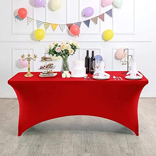 MDS® Pack of 12 Spandex Tablecloth 6FT Tight Fitted Stretch Table Cover – Washable Wrinkle-Free Reusable Elastic Patio Tablecloth for Wedding, Party, Banquet, Trade Show, Event Décor - Red - Image 3