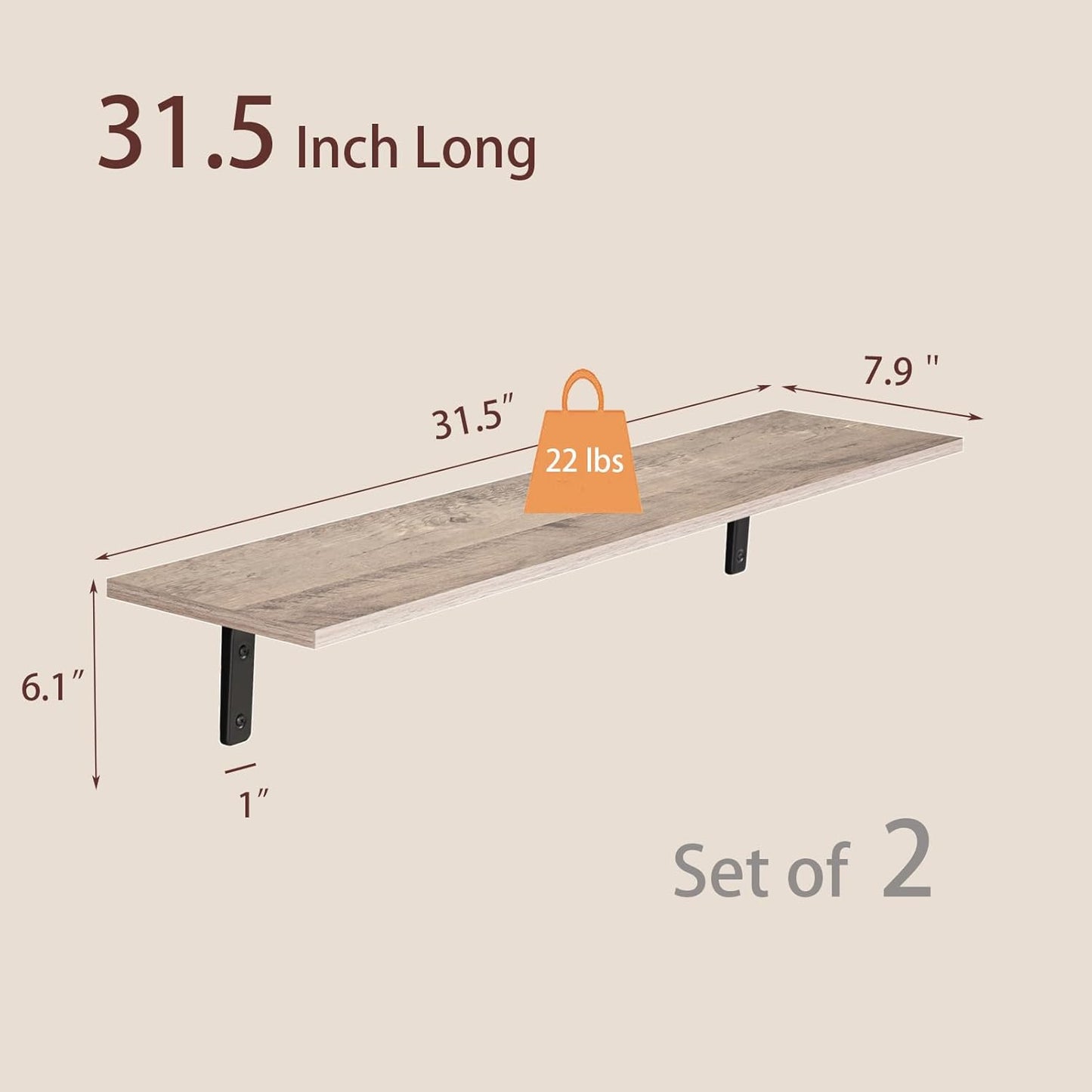 DINZI LVJ Long Wall Shelves, 31.5 Inch Wall Mounted Shelves Set of 2, Easy-to-Install, Wall Storage Ledges with Sturdy Metal Brackets for Living Room, Bathroom, Bedroom, Kitchen, Greige