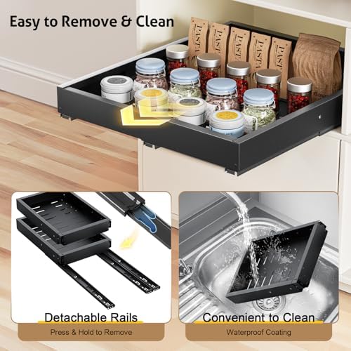 Upgrade Pull Out Cabinet Organizer, Expandable Width (11.4"-18.9") Depth (16.3"-21.7") Pull out Drawers for Cabinets with 3 Rails, No Drill Adhesive Film or Nail Slide out Drawers for Kitchen, Pantry - Image 4