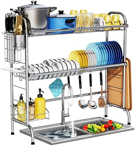 HOWDIA Stainless Steel 2-Tier Over The Sink Dish Drying Rack with Utensil Holder, Large, for Kitchen Counter by HOWDIA