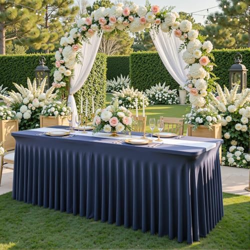6 Pack Navy Blue Spandex Table Covers & Table Skirt for 6FT Rectangle Tables - Fitted 6 Foot Stretch Fabric Tablecloth with Pleats, Wrinkle Free for Weddings, Parties, Craft Fairs & Folding Tables - Image 6