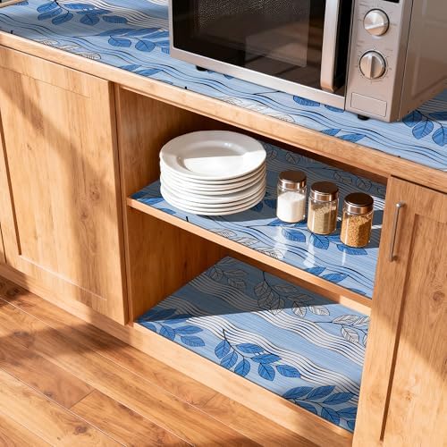 FIFTY FEET Blue Leaves Shelf Liner for Kitchen Cabinets, 18 x 96 Inch x 4 Roll Non Adhesive Non Slip Drawer Liner, Washable Cabinet Liner for Shelves & Drawers - Image 3