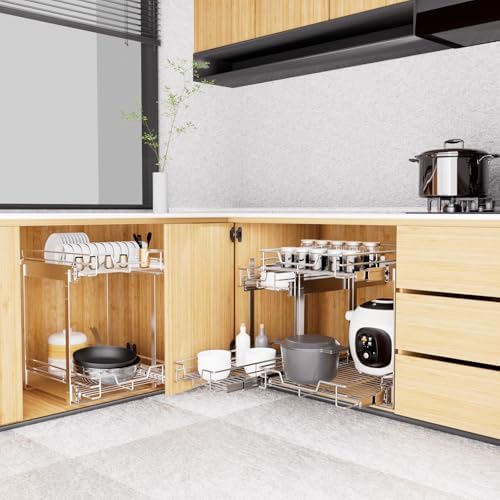 EZKAZA Pull Out Cabinet Organizer 9.5" W x 21" D, 2-Tier Kitchen Cabinet Pullout Shelf and Drawer Organizer Slide Out Pantry Storage Basket, 8.2" W x 21" D x 2.4" H for Bottom Basket Size - Image 2