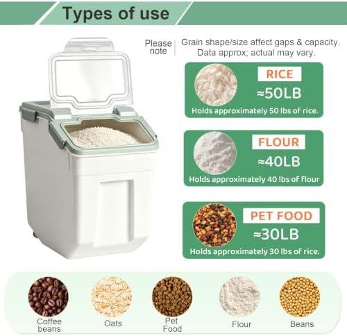 50 lb Large Food Grade Container for Rice Flour Sugar, Green, 4 Pack - Image 3