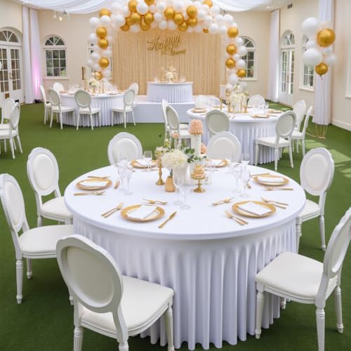 Outpain 4 Pack White Spandex Tablecloth for 72in/6FT Round Tables, Wrinkle Free Tablecloth with Skirt for Wedding, Graduation & Banquet - Image 6