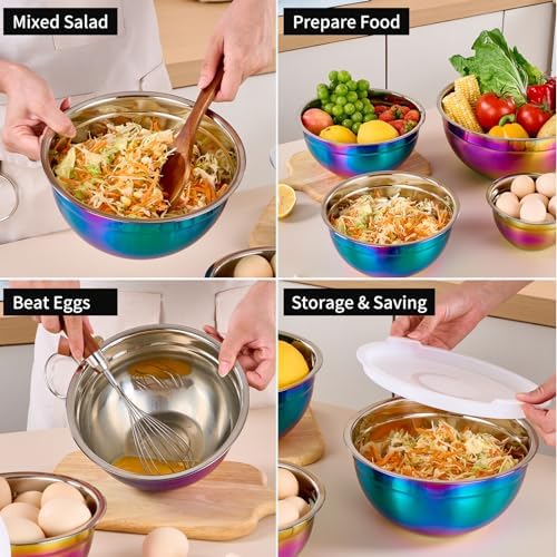 Rainbow Mixing Bowls with Lids Set of 7, Stainless Steel Nesting Bowl with Khaki Lid for Non-slip Mixing Prepping Storing Serving, 7 Sizes-7/3.6/2.7/2.1/1.5/1/0.8 QT - Image 6