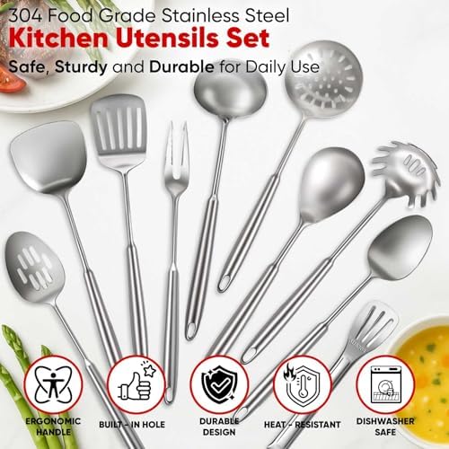 Newness 16 Pcs Cooking Utensils Set, 304 Stainless Steel Kitchen Utensils Set, Metal Kitchen Accessories, Include Soup Ladle, Slotted Skimmer Spoon, Spaghetti Spoon and Spatula, Dishwasher Safe - Image 5
