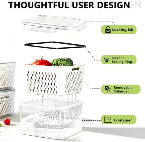 5 Pack Fruit Storage Containers for Fridge,Produce Container for Fridge with Removable Colanders,Leakproof Refrigerator Organizers and Storage for Produce Berry Vegetable Salad Meat Food Keep Fresh - Image 5
