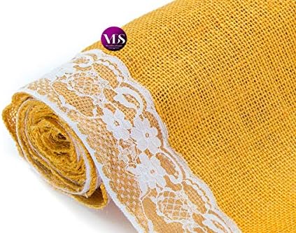 VDS Pack of 12, Burlap Table Runner with White Lace Edge, 100% Natural Jute Rustic Hessian Table Cloth Centerpiece for Wedding Birthday Party Banquet Table Decoration (Size 12X108 Inch)(Gold) - Image 5