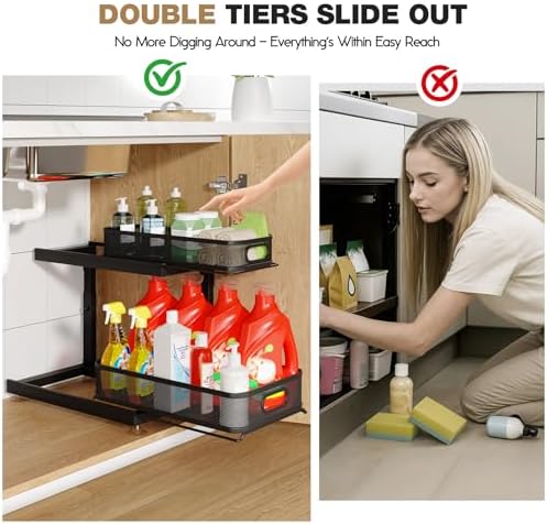 2-Pack Under Sink Storage Organizer with 2-Tier Slide Out Drawer, Sophisticated Mesh Pull Out Shelf for Kitchen & Bathroom, Fits Small Items, Upgraded Arched Track for Smooth Gliding(Patented) - Image 4