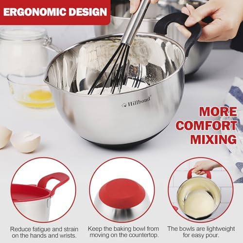 Hillbond Stainless Steel Mixing Bowls with Lids Set, Set of 3, Red | mixing bowl with Pour Spout, Silicone Handle, Non-Slip Bottoms, Dishwasher Safe, Metal Mixing Bowls for baking - Image 3