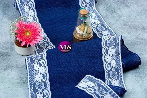 VDS Pack of 10, Burlap Table Runner with White Lace Edge, 100% Natural Jute Rustic Hessian Table Cloth Centerpiece for Wedding Birthday Party Banquet Table Decoration (Size 12X108 Inch)(Royal Blue) - Image 6