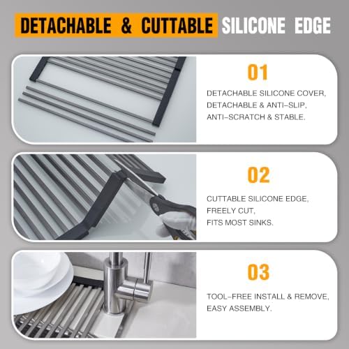 Foldable Over Sink Dish Drying Rack, 304 SUS with Cuttable Silicone Edge - Image 4