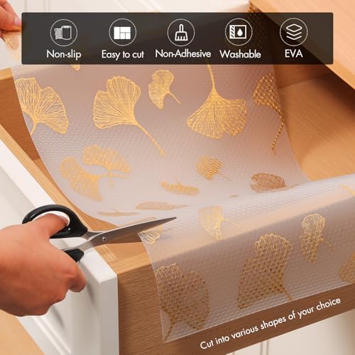 Cooyes Shelf Liner, Non Adhesive Drawer and Cabinet Liner, EVA Washable Oil-Proof Shelf Paper for Kitchen Cabinets, Refrigerator, Storage, Desks with Modern Pattern （Gold Ginkgo，11.8" W x 118" L） - Image 5
