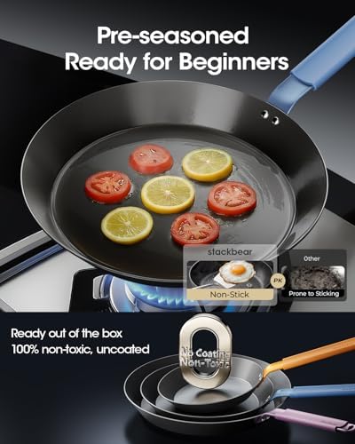 Carbon Steel Frying Pan Set, 8 10 12 Inch Nitrided Skillets | Complete Size Range for Everyday Cooking; Preseasoned Surface Develops Natural Patina without Coatings - Image 4