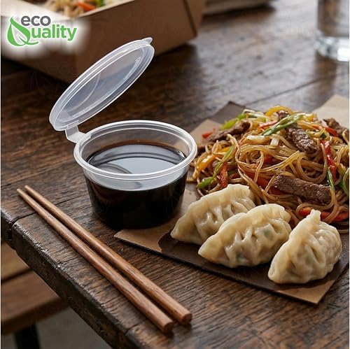 EcoQuality 4.5 Oz Leak Proof Portion Cups with Lids - Plastic Condiment Souffle Containers with Attached Hinged Lid - Perfect for Sauce Cup, Sample Cup, Slime Cup, Jello Shot Cups with Lids - Image 5