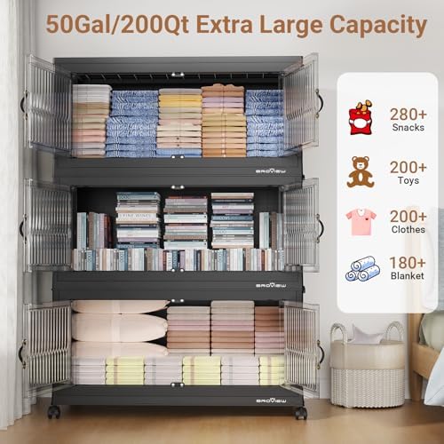 BROVIEW 600Qt Extra Large Stackable Storage Bins with Lids, Closet Organizer Collapsible Drawer Boxes with Wheels, Folding Plastic Cabinet Containers for Home Kitchen Room Organization, 3Pack Black - Image 4