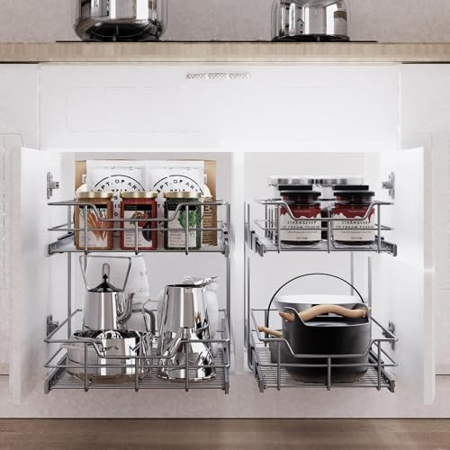 2 Tier Pull Out Cabinet Organizer 18" W X 22" D, Chromed, Full Slide Out - Image 4