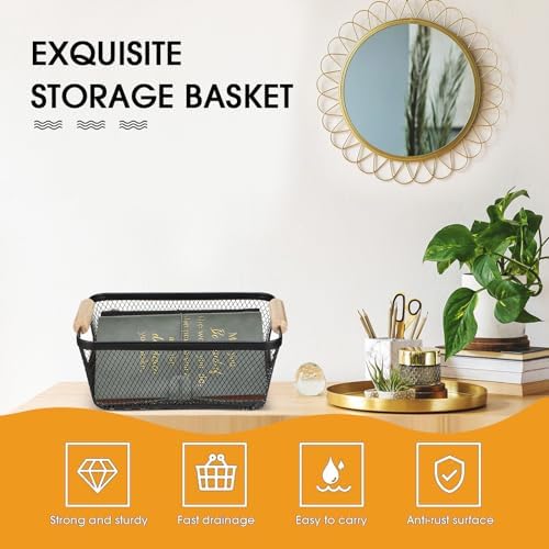 Ziliny 4 Pcs Metal Mesh Wire Baskets with Wooden Handles for Organizing, Pantry Organizers and Storage Steel Bin Kitchen Baskets for Fruit Potato Onion Snacks Bathroom Cabinet(Small,Black) - Image 3