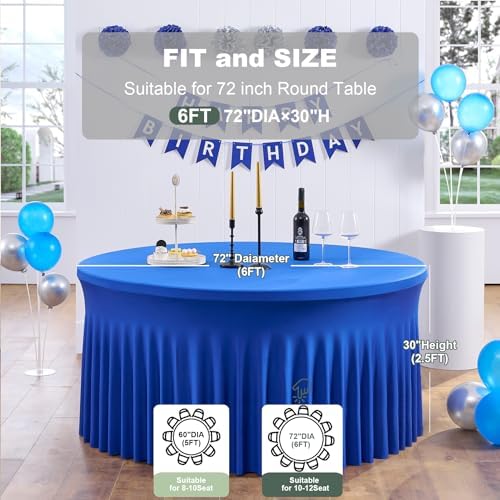 Outpain Royal Blue Spandex Round Tablecloths for 72 inch Tables, Stretchy 132inch Fitted 6FT Round Table Cloths with Skirt for Wedding Party Dining Banquet - Image 3