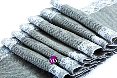 VDS Pack of 25, Burlap Table Runner with White Lace Edge, 100% Natural Jute Rustic Hessian Table Cloth Centerpiece for Wedding Birthday Party Banquet Table Decoration (Size 12X108 Inch)(Silver Grey) - Image 2