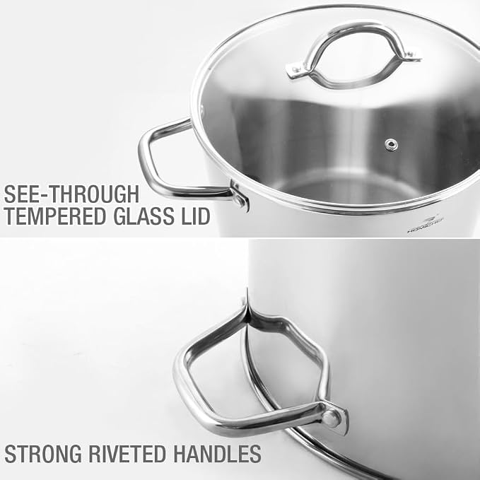 HOMICHEF 12 Quart LARGE Stock Pot with Glass Lid - NICKEL FREE Stainless Steel Healthy Cookware Stockpots with Lids 12 Quart - Mirror Polished Induction Pot - Commercial Grade Soup Cooking Pot - Image 6