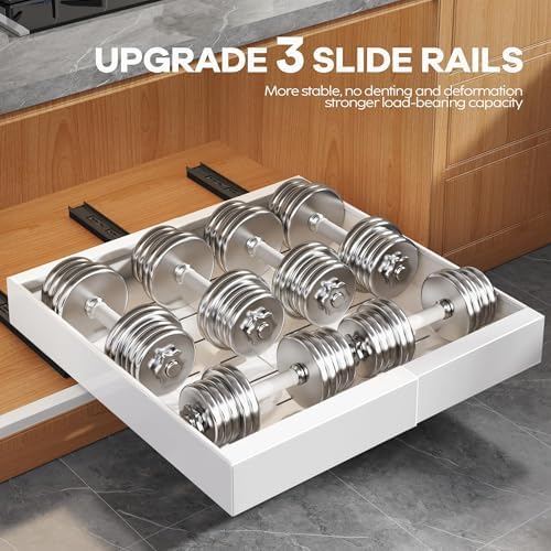 Seinloes 2 Pack Expandable Pull Out Cabinet Organizer 16.5"Deep with Raising Pad for Framed Cabinets,Upgrade 3 Slide Rails Slide Out Drawers,Roll Out Shelves Adhesive,Adjustable Width 12.2"-20.4"White - Image 5