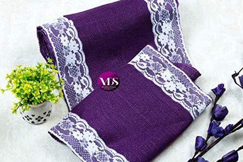VDS Pack of 5, Burlap Table Runner with White Lace Edge, 100% Natural Jute Rustic Hessian Table Cloth Centerpiece for Wedding Birthday Party Banquet Table Decoration (Size 12X108 Inch)(Purple) - Image 6