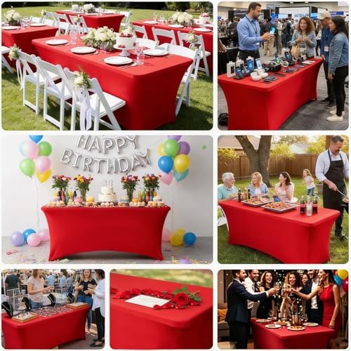Red Spandex Tablecloth 6 Pack, 8FT Fitted Stretch Table Cloth with Reinforced Foot Pockets for 96 x 30 x 30 Inch Rectangle Tables, Washable Table Covers for Trade Shows, Weddings, Parties - Image 5