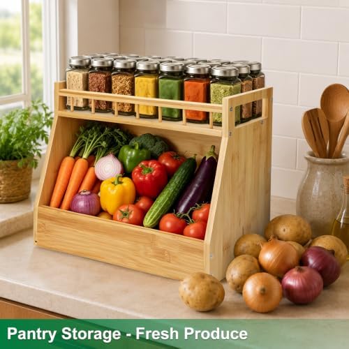 Potato and Onion Storage Bin, Bamboo Pantry Organizer with Spice Rack, 2 Tier Open Front Produce Storage Bin for Kitchen Counter Coffee Bar Garlic Fruit and Root Vegetable Storage - Image 4