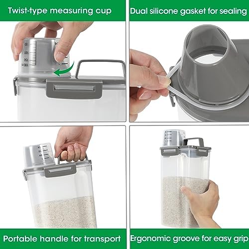 TBMax Rice Container Cereal Storage Container 2 Pack 5 Lbs, Kitchen Pantry Dry Food Storage Holder with Easy-Pouring Spout & Handy Cup, Small Pet Dog Cat Food Dispenser for Daily Feeding -Grey - Image 4