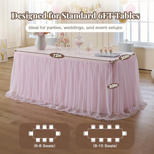 CO-AVE Pink Tulle Tablecloth for 6ft Rectangular Tables, 2-in-1 Elastic Stretch Spandex Cover with Tutu Ruffle Skirt, Wrinkle Free for Wedding, Birthday, Banquet, Buffet, Bridal Shower - Image 6