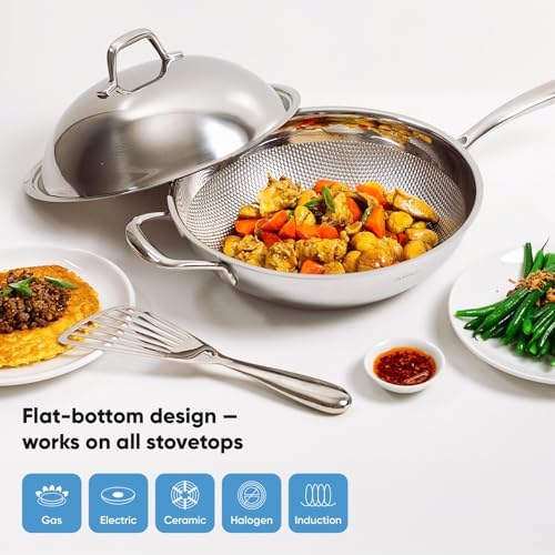 BUFFALO Honeycomb 3ply Stainless Steel Wok Pan 11 inch/28cm with Lid Flat Bottom - Coating-Free Non-stick Stir Fry Pan - Advanced, Scratch-Resistant Design with Stay-Cool Long Handle - Image 3