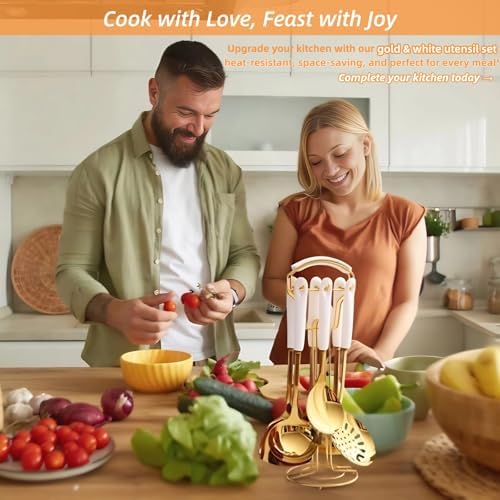 Stainless Steel Gold Kitchen Utensils Set with Holder & Spoon Rest, Durable Kitchen Accessories Includes 6 Cooking Utensils, 1 Hanging Rack,1 Ladle Holder, Easy to Clean, Modern Countertop Décor - Image 2