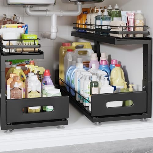 Under Sink Organizer Upgrade To Professional Rails,2-Tier Dual Pull Out Cabinet Storage,Height Adjustable Slide Out Drawers For Bathroom Kitchen,2 Pack-21"Dx12.8"-16.9"H,Black by UnderSinkOrganizer