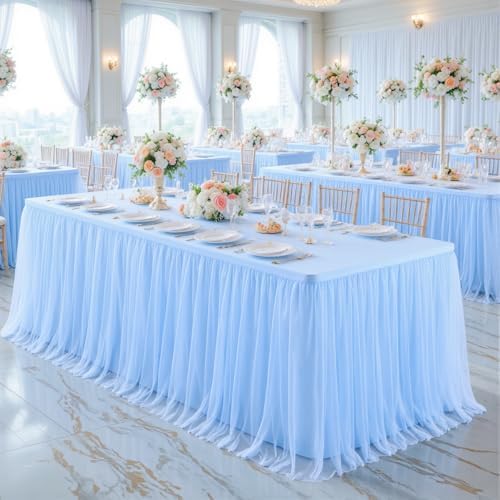 Suppromo 6 Pack 8ft Baby Blue Tulle Tablecloths for Rectangle Tables, 8 Foot Rectangular Table Cloth Wrinkle Free Table Cover with Tutu Skirt for Baby Shower Boy Birthday Party Banquet Buffet Cake - Image 4